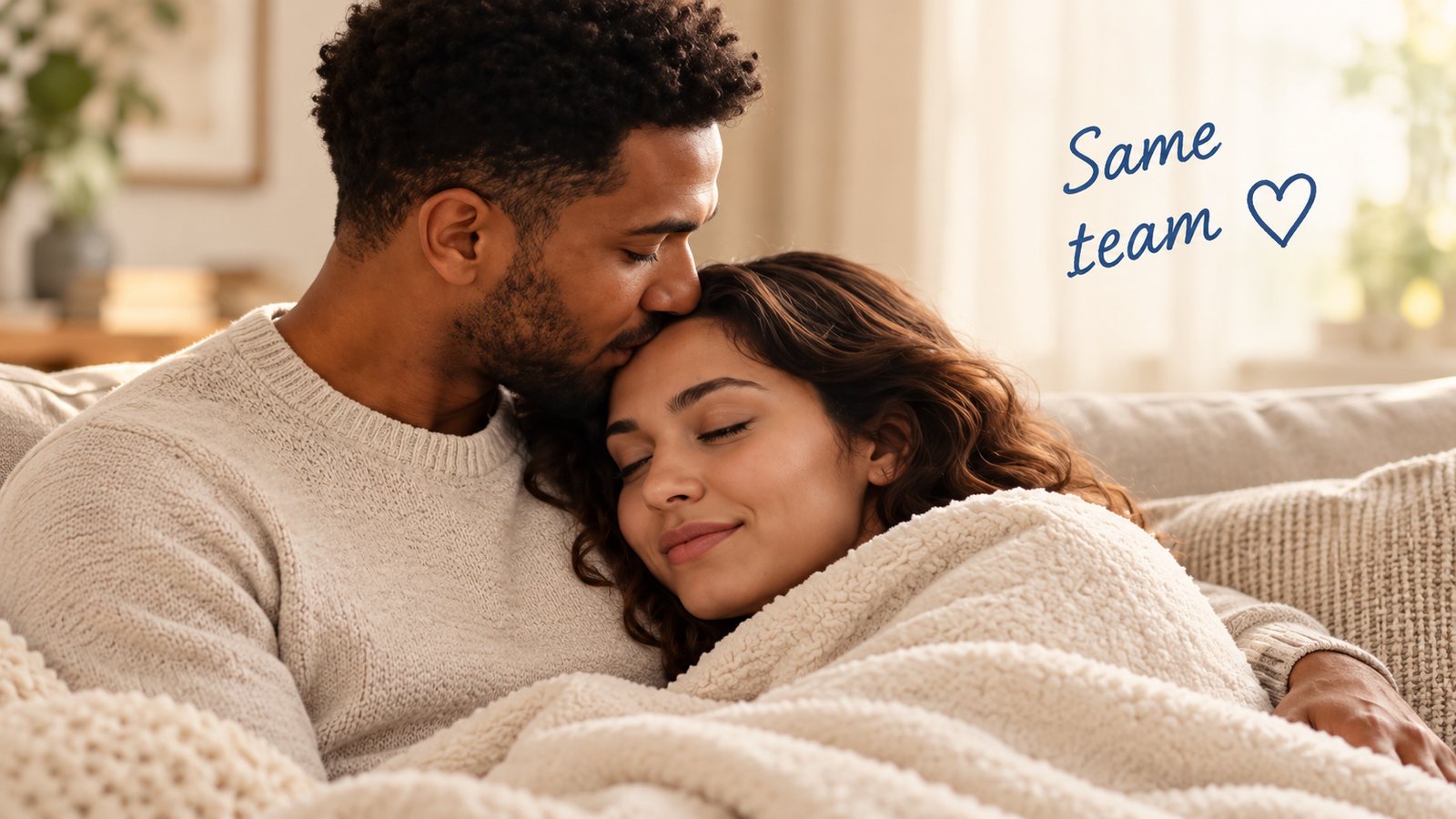 A couple on a sofa under a blanket; he kisses her forehead. Handwritten note: Same team.
